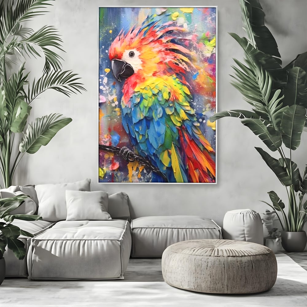 Tablou canvas cu tablou canvas cu papagal colorat, in rama de aluminiu argintiu, pe perete intr-un living